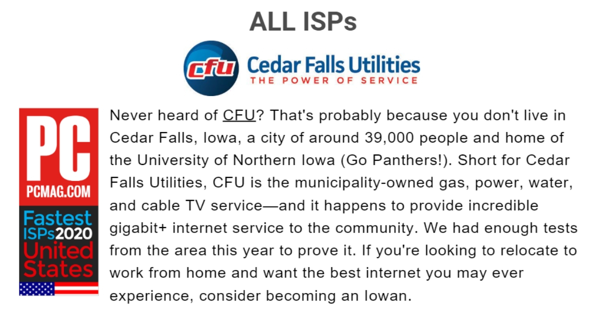 Cedar Falls Utilities Named 2020 Fastest ISP