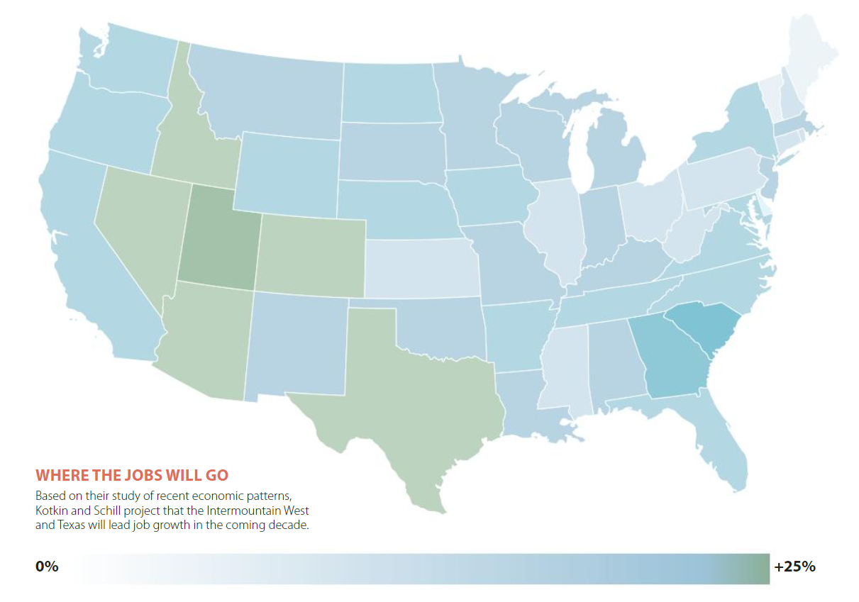 Map of where job growth will go in the Untied States over the next decade.